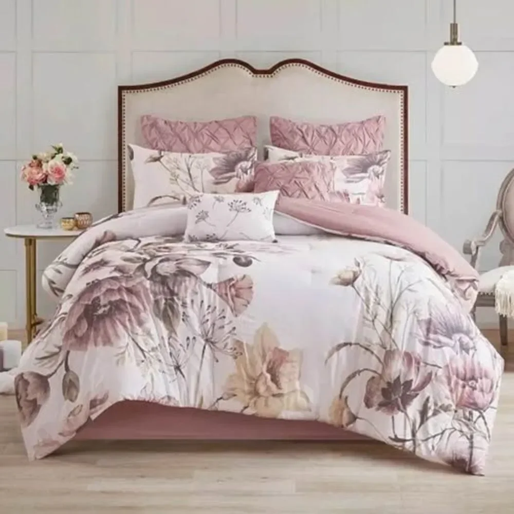 8 Pieces QUEEN Comforter Set Madison Park Pink White Floral NEW